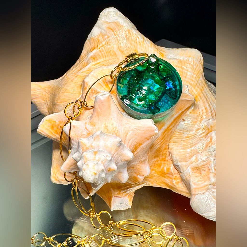 Swimming Turtle Pendant Long Necklace 18k Goldfill Chain
